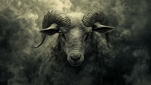 Stormborn ram emerging from midnight clouds of myth.
