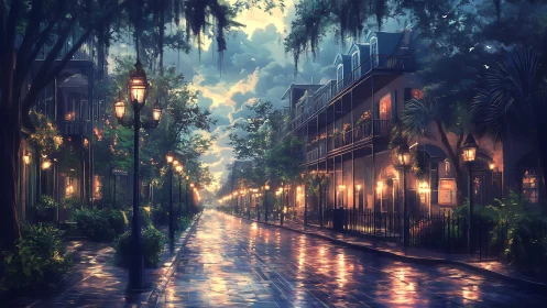 Rain-washed evening street glows with warm lantern light