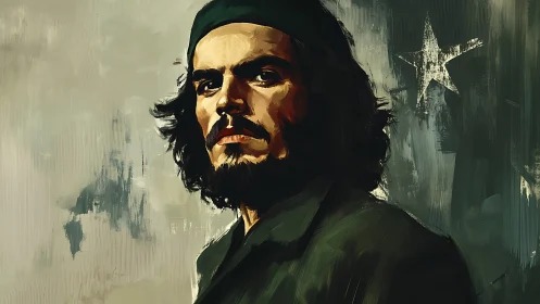 Bearded figure in military attire before abstract star flag.