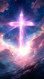 Luminous pink cross rising above clouds into night sky.