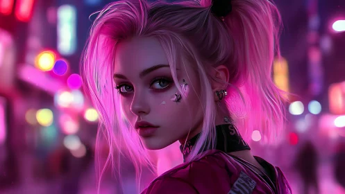 Pink haired cyberpunk girl in neon city street at night.