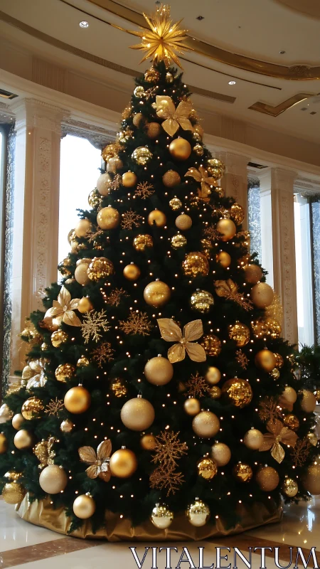 Grand gold-ornamented Christmas tree in opulent atrium.