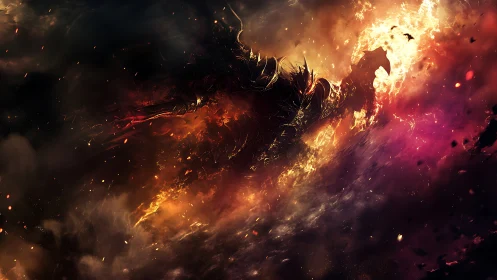 Armored fiery creature emerges through turbulent cosmic flame