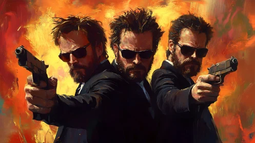 Gun-toting suited trio stands against blazing abstract fire
