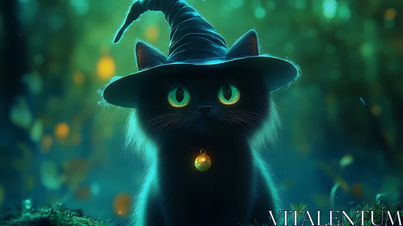 Enchanting black cat in witch hat glows in a twilight forest
