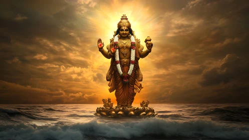 Rendered deity figure stands over ocean under radiant sky