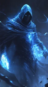 Hooded spectral mage radiates blue ethereal energy storm.