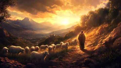 Shepherd leads flock along sunlit mountain valley path.