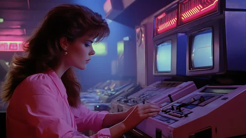 Retro control room glows as focused woman operates consoles