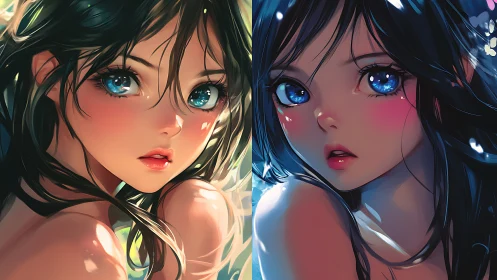 Dual anime portraits with luminous blue-eyed gaze.