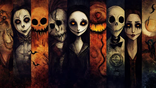 Macabre stitched souls line up in a haunted carnival gallery.