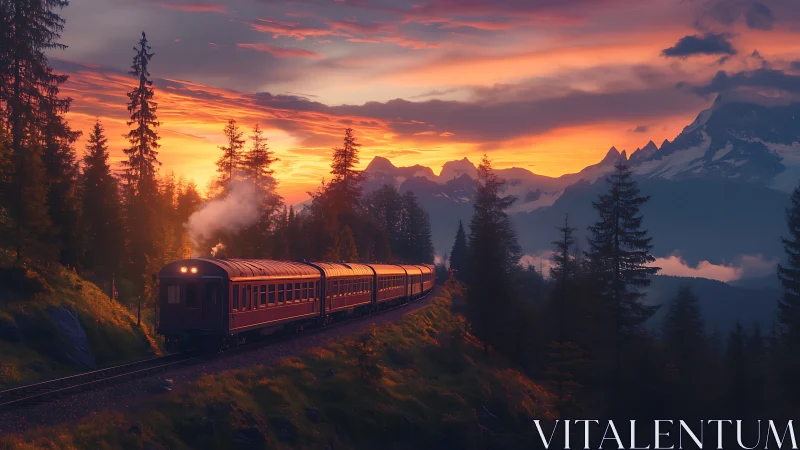 Red mountain train crossing forested slope at sunset.