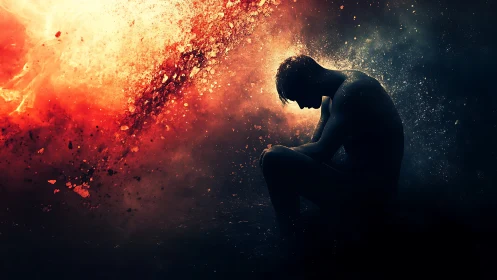 Silhouetted figure in nebular combustion field of light and shadow.