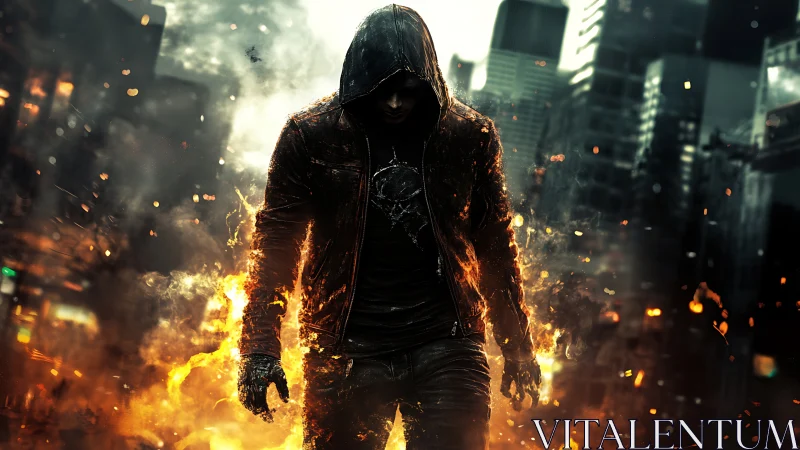 Hooded pyrokinetic figure in burning urban alleyway ruins