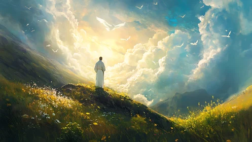 Backlit robed figure on floral ridge facing volumetric heaven portal.