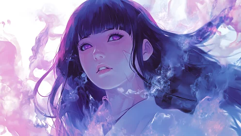 Purple eyed anime girl in swirling pink blue mist portrait.