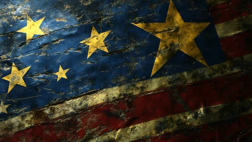 Weathered starry banner glowing through rustic grunge.