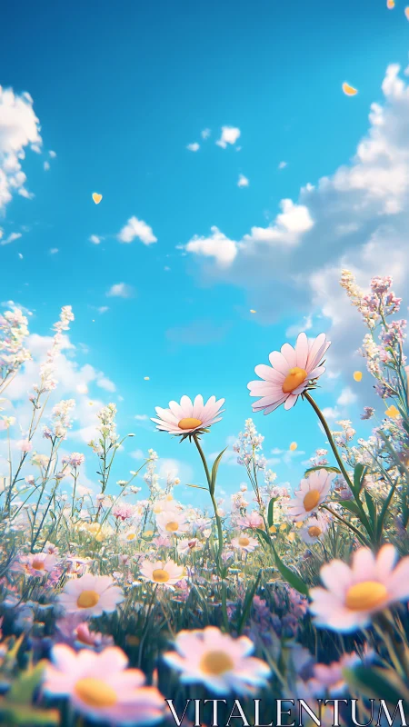 Wildflower Meadow Under Clear Blue Sky with Floating Hearts