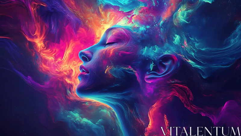 Profile of human face amid multicolored abstract nebula forms.