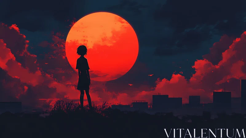 Anime silhouette against crimson supermoon skyline study.