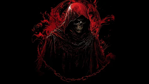 Grim reaper in crimson shroud radiates dark infernal power