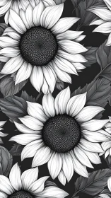 Monochromatic sunflowers rendered in intricate black ink line work.