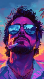 Sun-drenched rebel stares down a neon tropical horizon