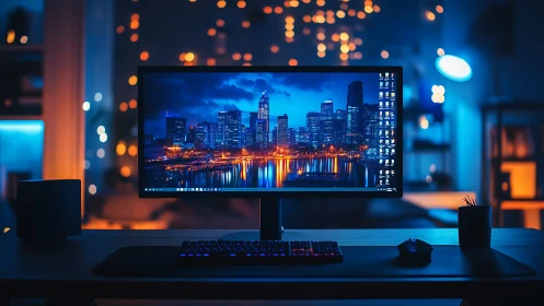 Ultrawide monitor displays vivid cityscape in moody studio