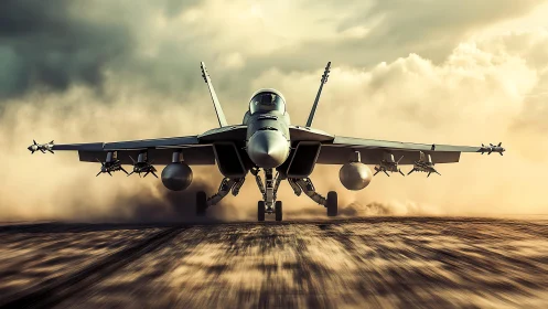 Modern twin‑engine fighter jet on dusty runway surface.