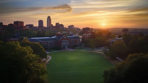 Sunrise over collegiate quad and distant city skyline.