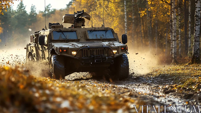 Armored all-terrain patrol vehicle traversing muddy forest trail.