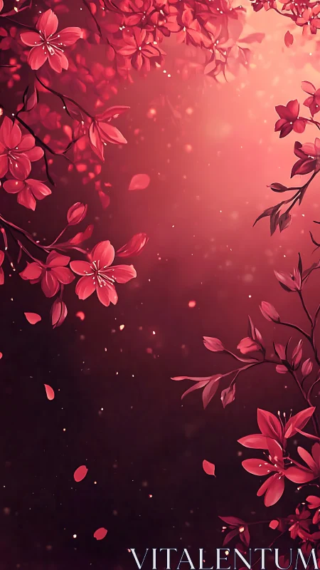 Red Blossoms Against Deep Crimson Gradient.