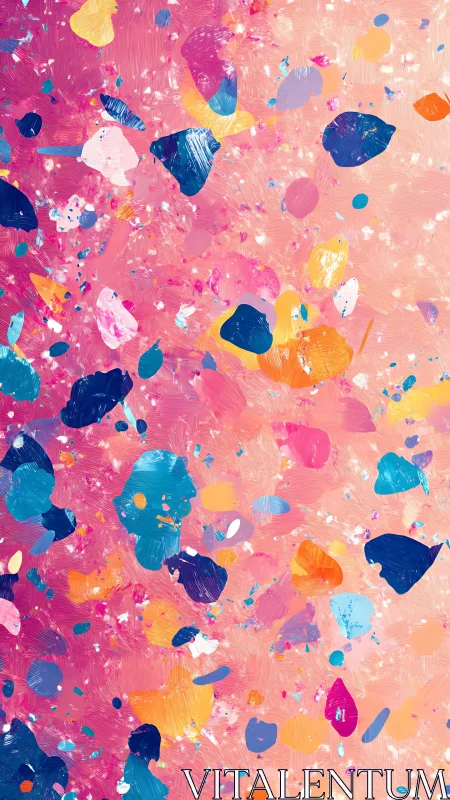 Vibrant abstract confetti pattern on warm pink background.