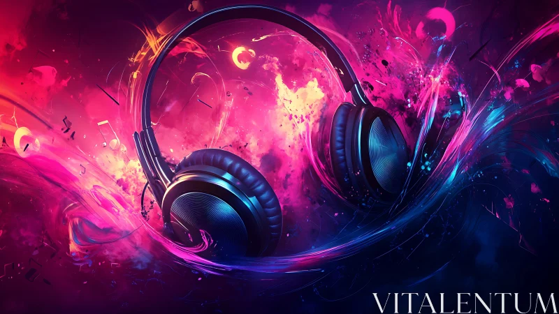 Neon headphones pulse through abstract liquid soundscape.
