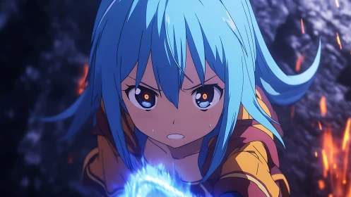 Blue‑haired mage channels furious light in molten dusk.