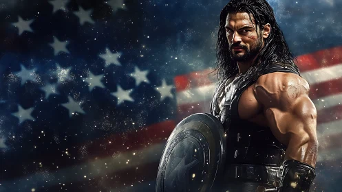 Muscular armored warrior before worn American flag backdrop.