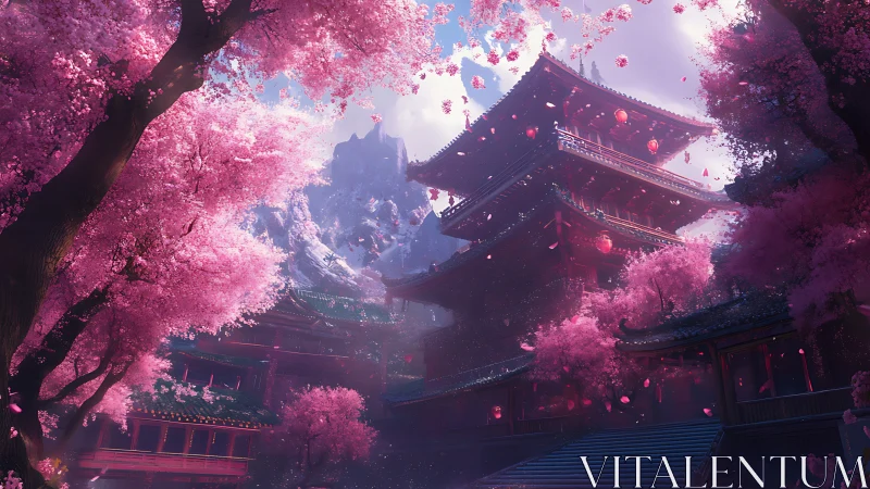 Cherry blossom temple dreamscape in soft mountain light.