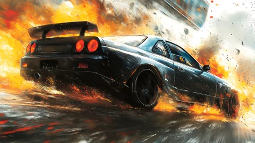 Sports coupe in high speed drift amid urban explosion.