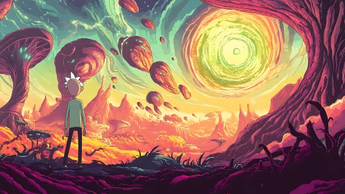 Portal vortex over alien canyon with solitary observer figure.