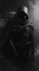 Shadow cloaked warrior in monochrome stormed void.