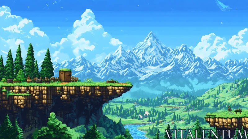 Pixelated alpine plateau with suspended terrain modules rendered.