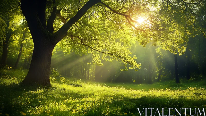 Sunlit Forest Meadow with Green Trees and Morning Light, Nature Scene.