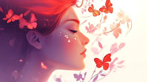 Dreamlike profile with luminous butterflies in soft bloom.