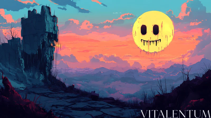 Strange smiling moon hangs above a dreamy ruined landscape