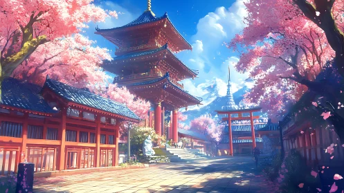 Cherry blossom pagoda courtyard under radiant spring sky.