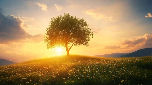 Golden meadow sunrise warmly embraces a solitary hilltop tree