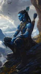 Blue alien archer rests on cliff ledge in cinematic fantasy scene