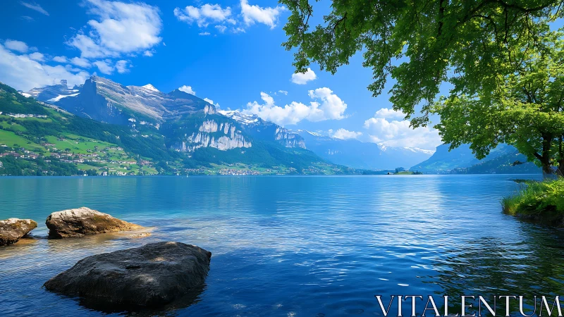 Alpine lake reflects snowcapped mountains in vivid summer light.