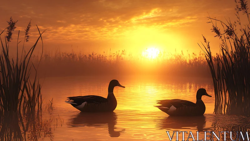 Two ducks move across a reflective wetland at sunrise