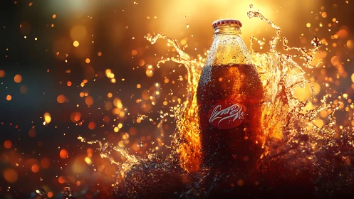 Cola bottle amid explosive splash with golden bokeh light.